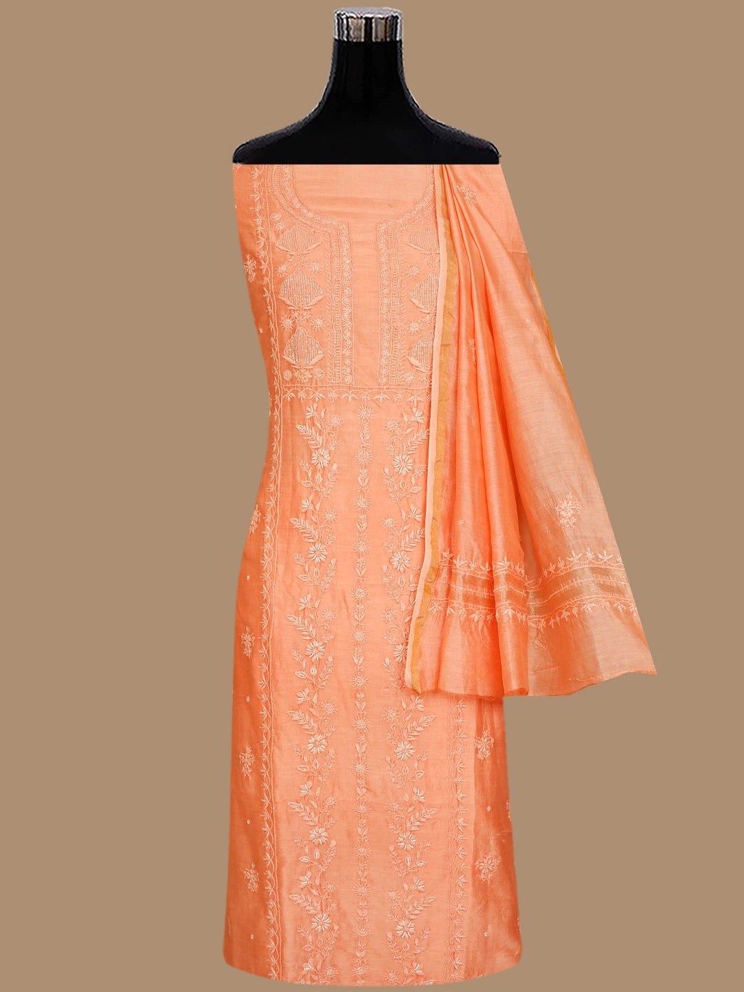 Ada Hand Embroidered Coral Orange Chanderi Lucknowi Chikankari Unstitched Suit Piece With Cutdana Work 01A842111