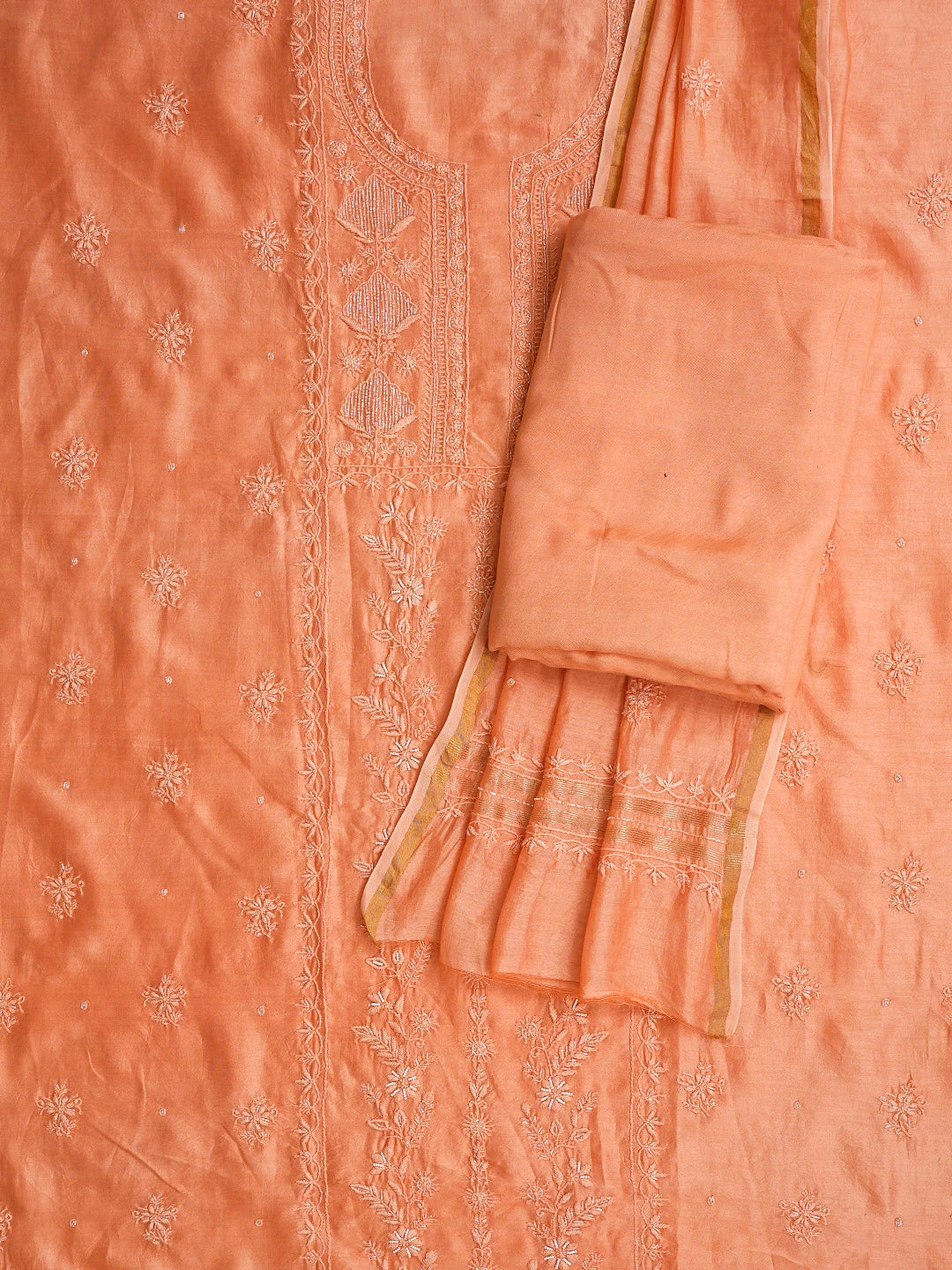 Ada Hand Embroidered Coral Orange Chanderi Lucknowi Chikankari Unstitched Suit Piece With Cutdana Work 01A842111
