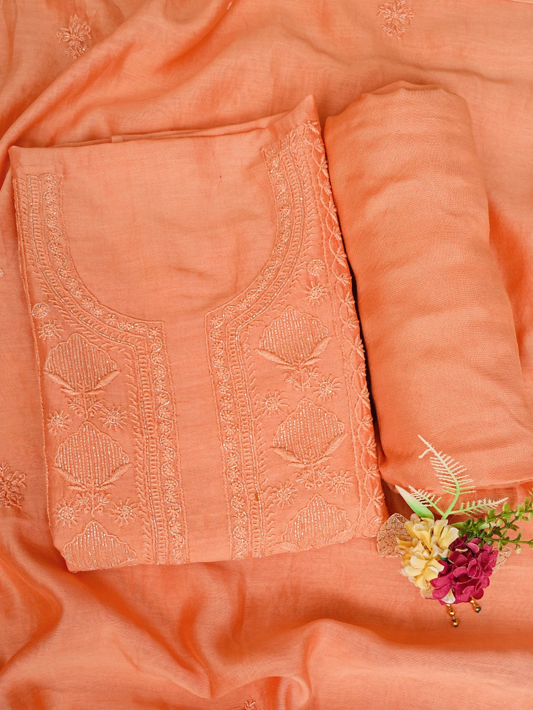 Ada Hand Embroidered Coral Orange Chanderi Lucknowi Chikankari Unstitched Suit Piece With Cutdana Work 01A842111
