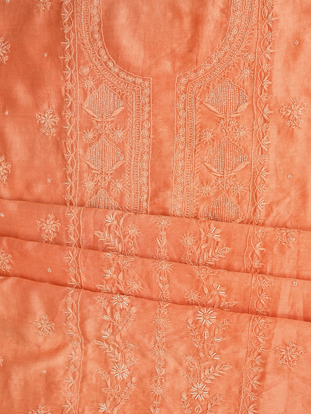 Ada Hand Embroidered Coral Orange Chanderi Lucknowi Chikankari Unstitched Suit Piece With Cutdana Work 01A842111