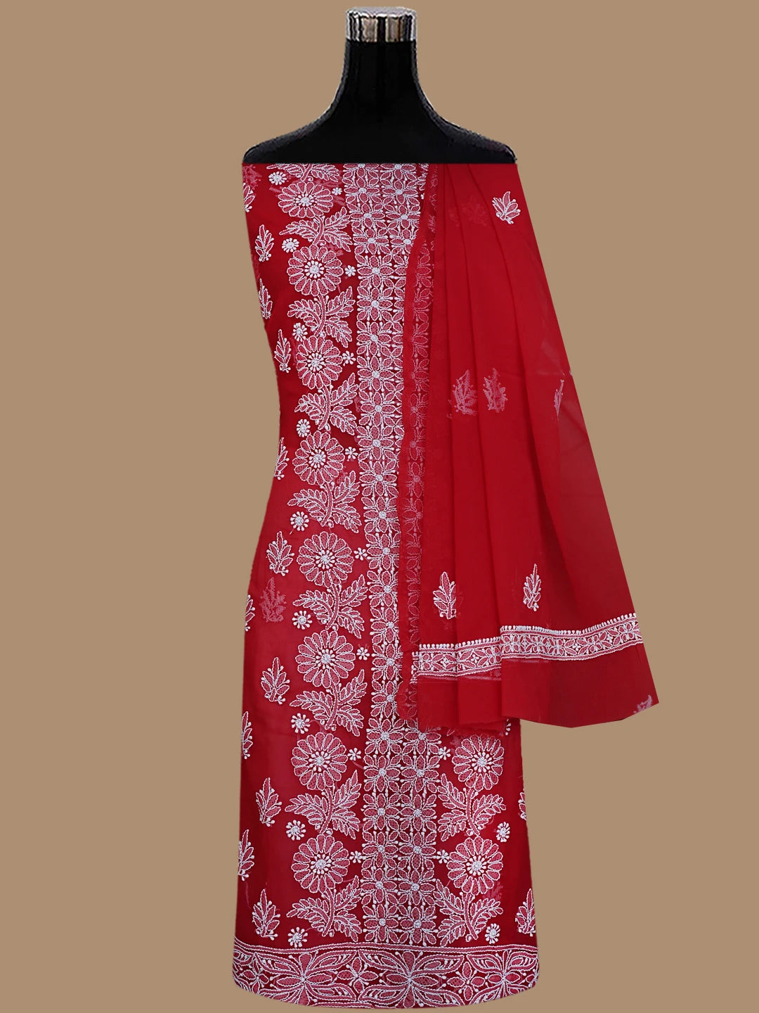 Ada Hand Embroidered Red Georgette Lucknowi Chikankari Unstitched Suit Piece 01A843797