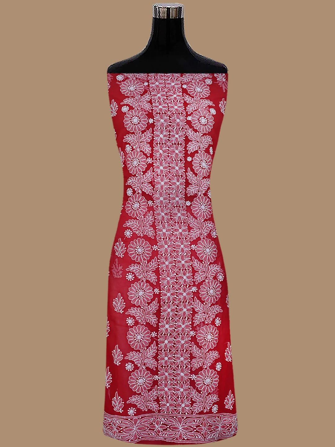 Ada Hand Embroidered Red Georgette Lucknowi Chikankari Unstitched Suit Piece 01A843797