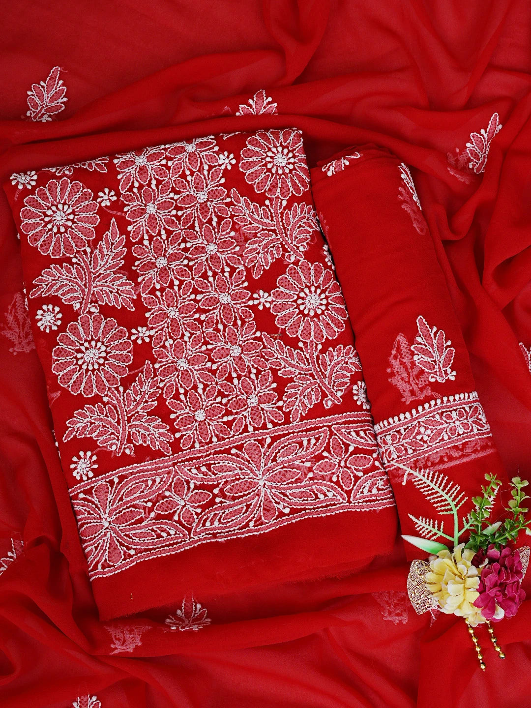 Ada Hand Embroidered Red Georgette Lucknowi Chikankari Unstitched Suit Piece 01A843797