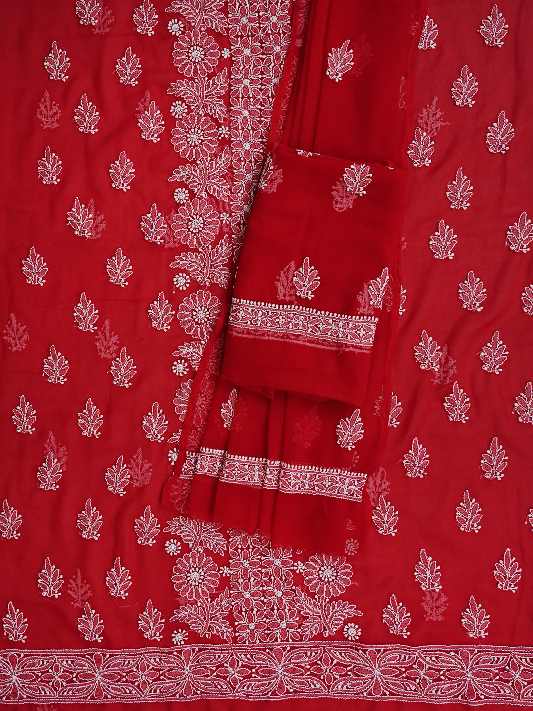 Ada Hand Embroidered Red Georgette Lucknowi Chikankari Unstitched Suit Piece 01A843797