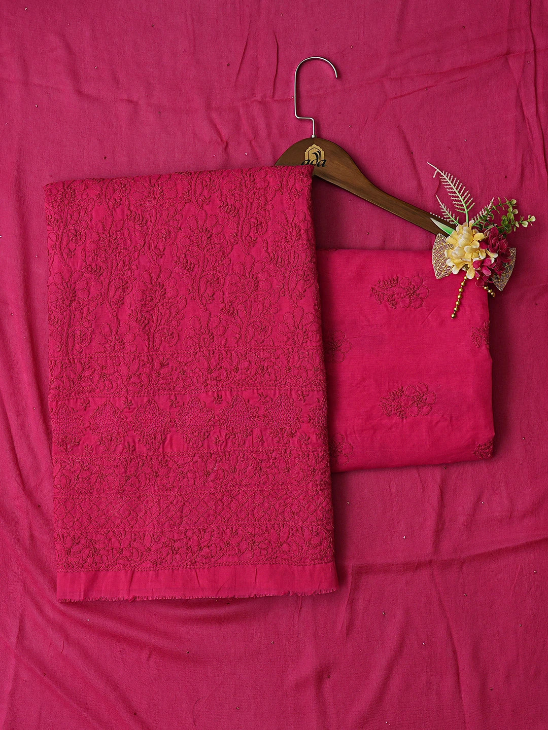 Ada Hand Embroidered Magenta Cotton Lucknowi Chikankari Unstitched Suit Piece 01A839627