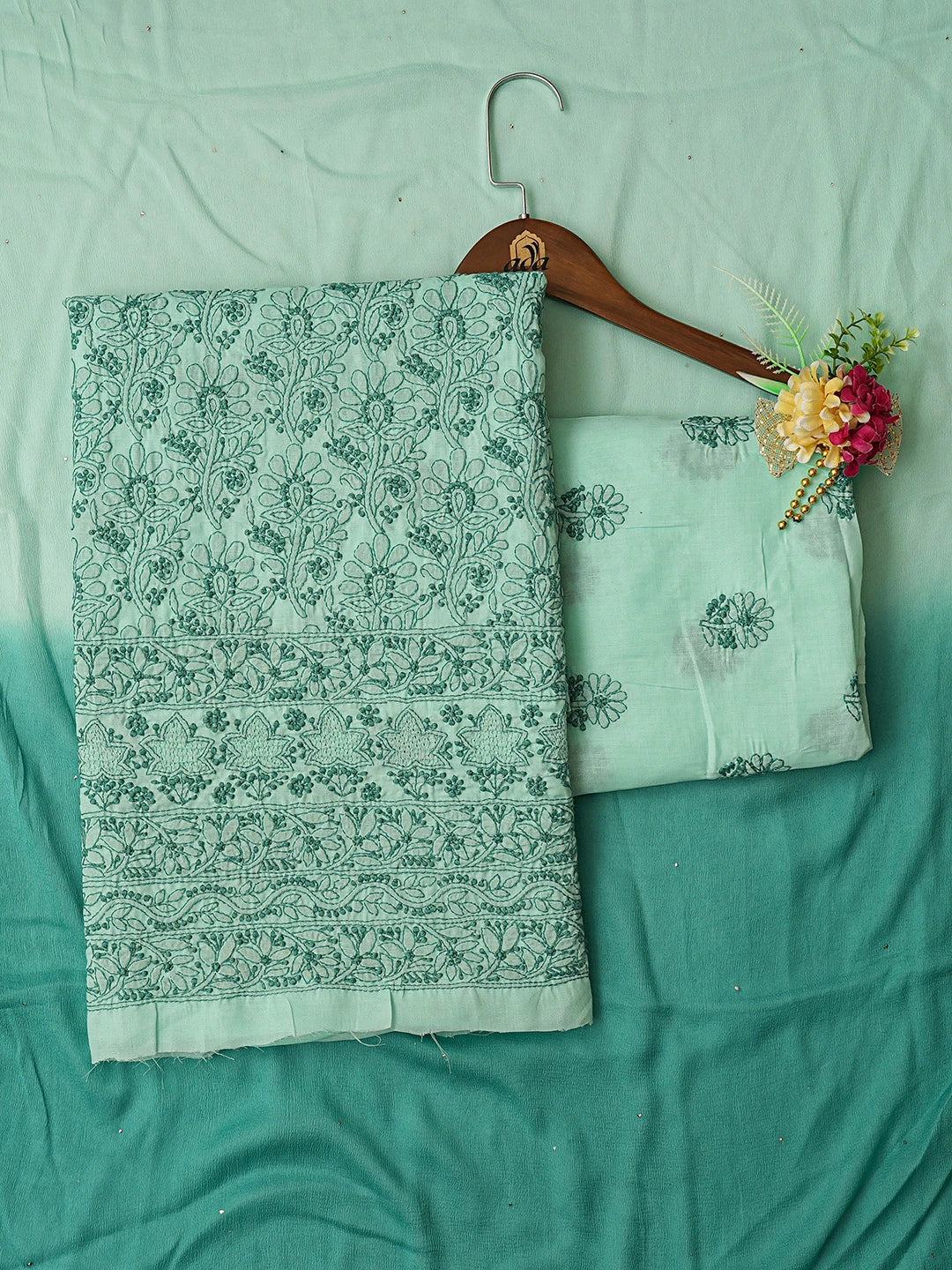 Ada Hand Embroidered Sea Green Cotton Lucknowi Chikankari Unstitched Suit Piece 01A839626