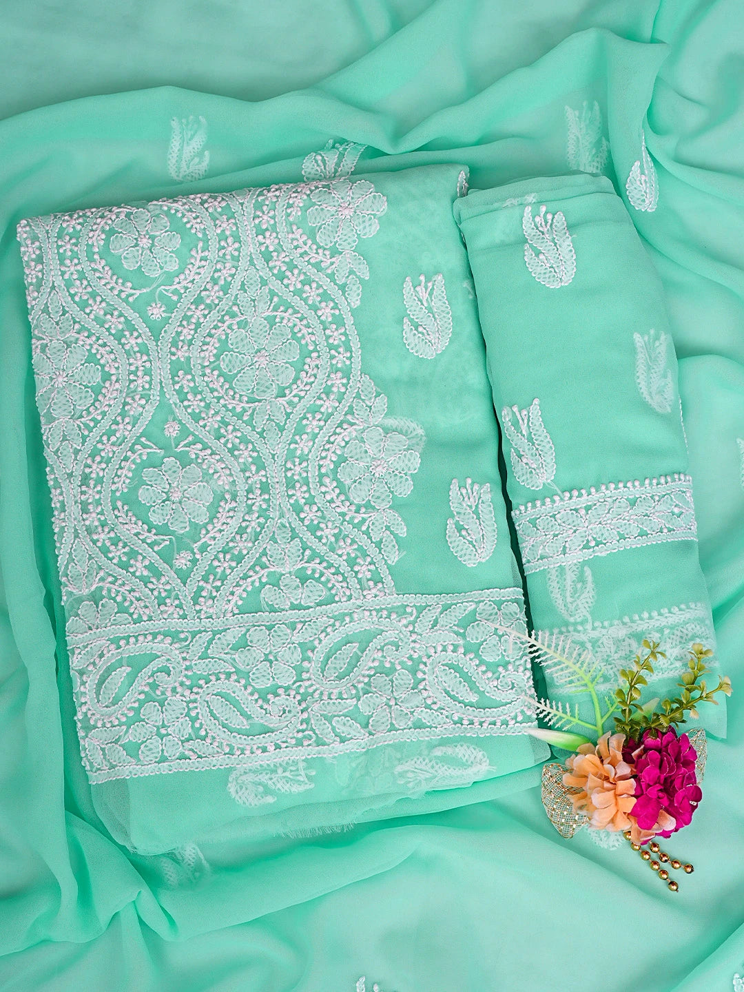 Ada Hand Embroidered Sea Green Georgette Lucknowi Chikankari Unstitched Suit Piece 01A843491