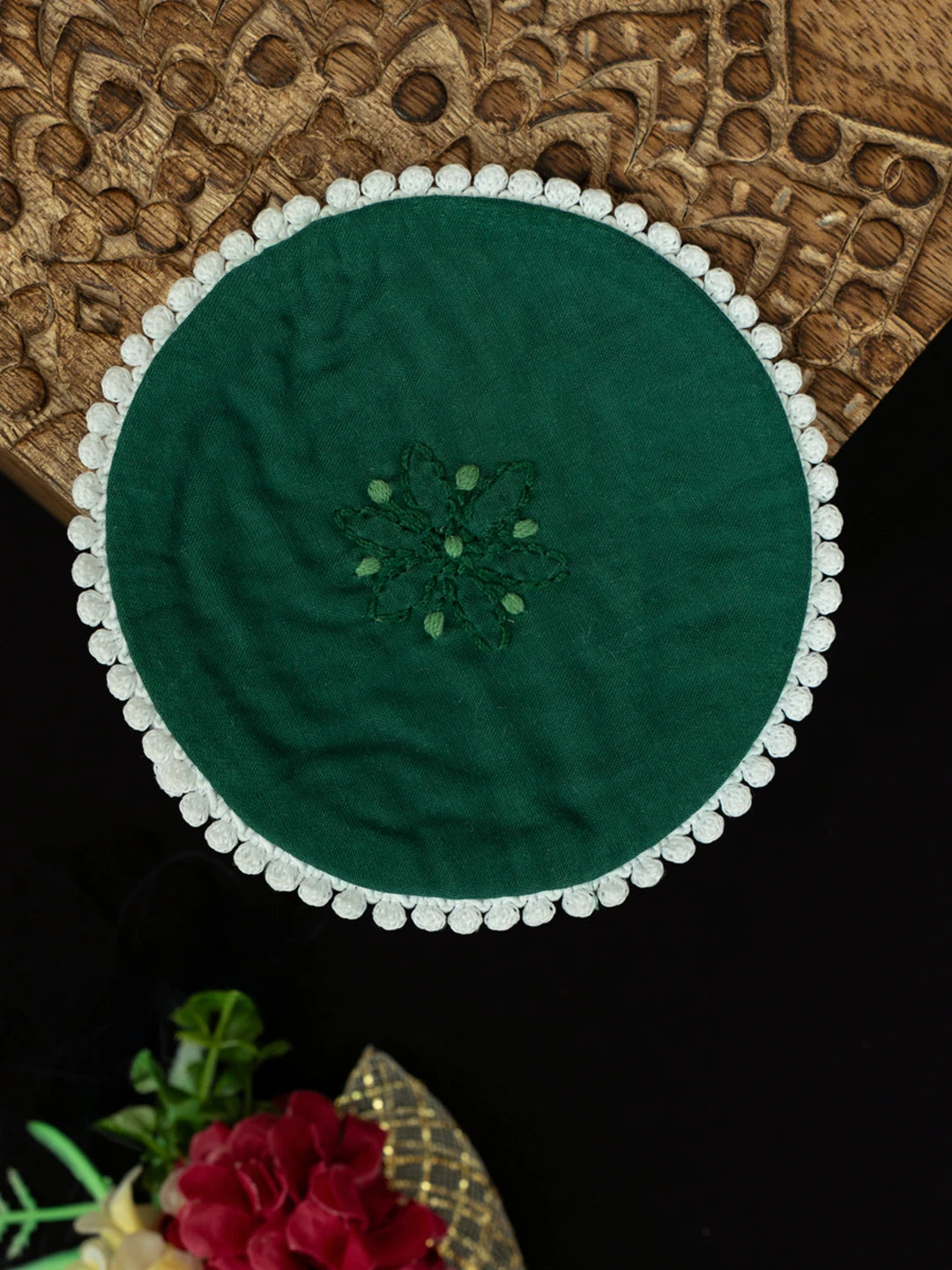 Ada Hand Embroidered Hunter Green Cotton Lucknowi Chikankari Coaster Set  08A503041
