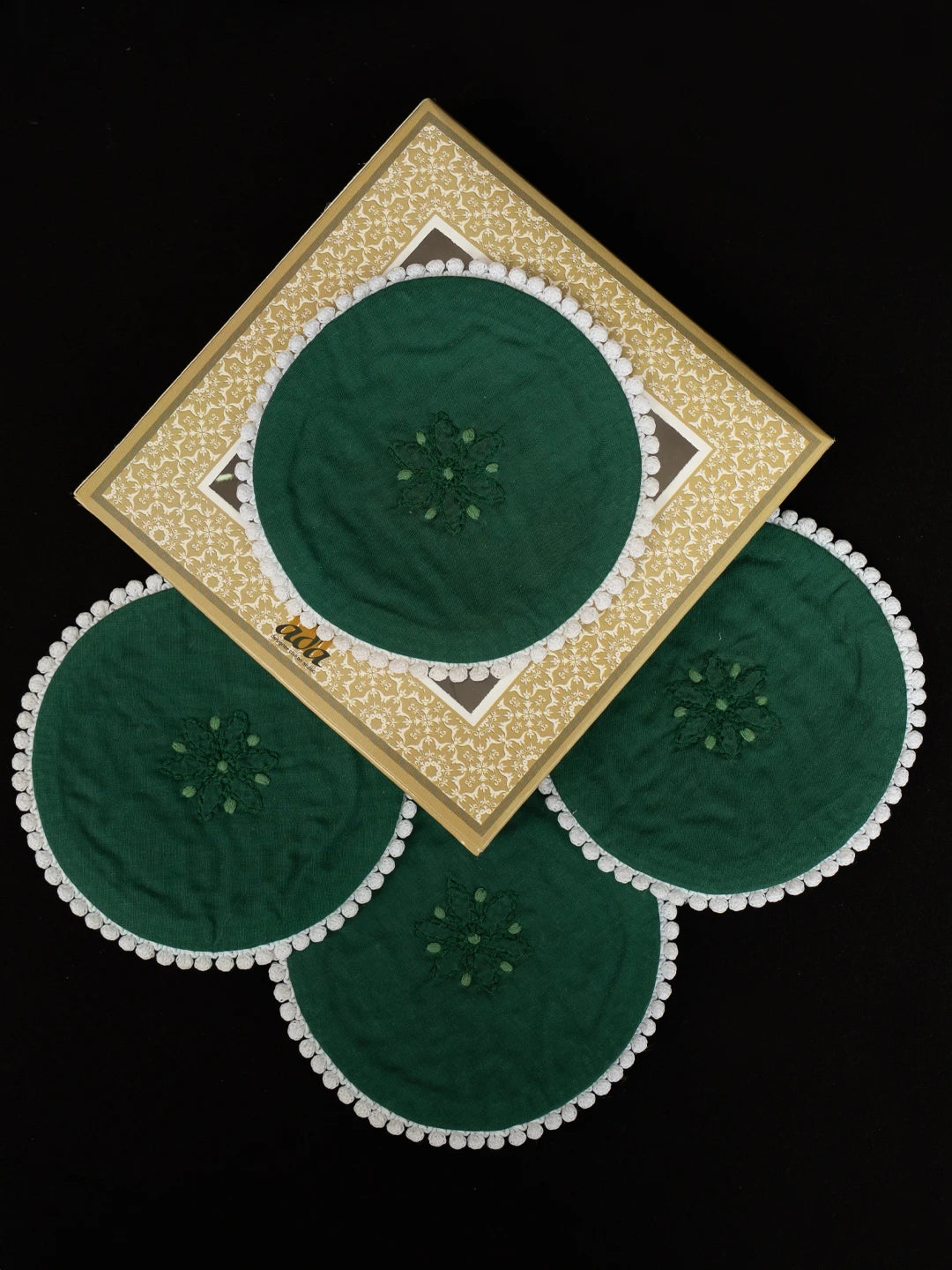 Ada Hand Embroidered Hunter Green Cotton Lucknowi Chikankari Coaster Set  08A503041