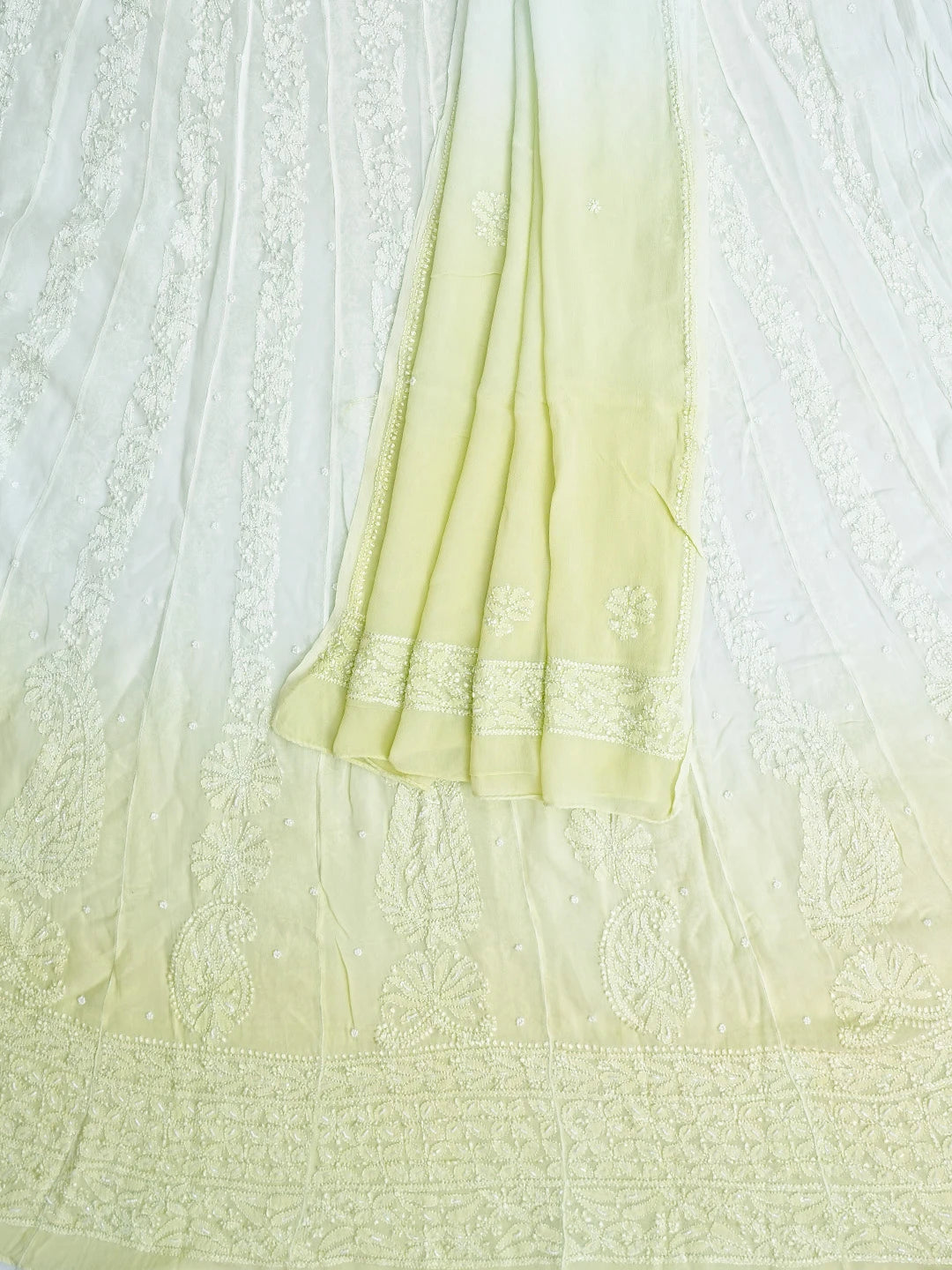 Ada Hand Embroidered Ombre Shade Of Green Georgette Lucknowi Chikankari Semi-Stitched Anarkali Kurta Dupatta Set With Pearl Work 01A813845