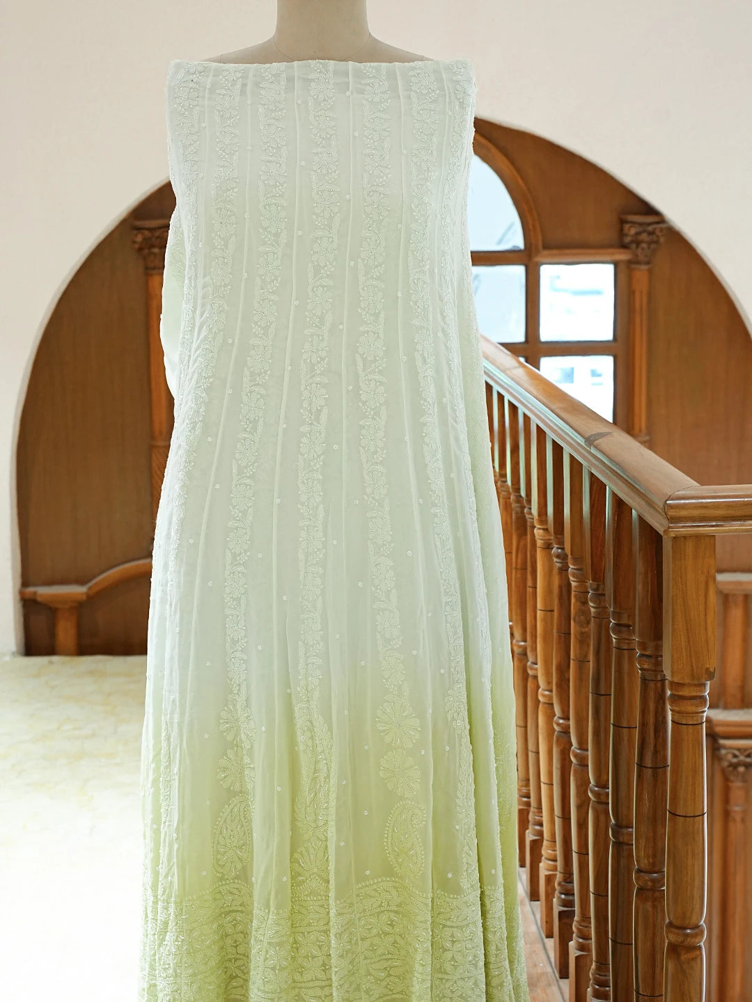 Ada Hand Embroidered Ombre Shade Of Green Georgette Lucknowi Chikankari Semi-Stitched Anarkali Kurta Dupatta Set With Pearl Work 01A813845