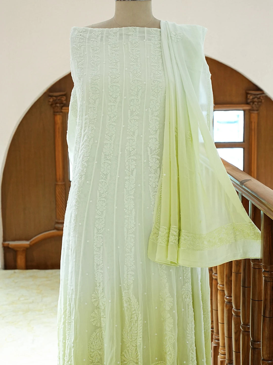 Ada Hand Embroidered Ombre Shade Of Green Georgette Lucknowi Chikankari Semi-Stitched Anarkali Kurta Dupatta Set With Pearl Work 01A813845