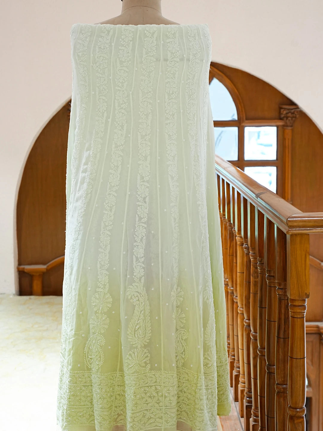 Ada Hand Embroidered Ombre Shade Of Green Georgette Lucknowi Chikankari Semi-Stitched Anarkali Kurta Dupatta Set With Pearl Work 01A813845