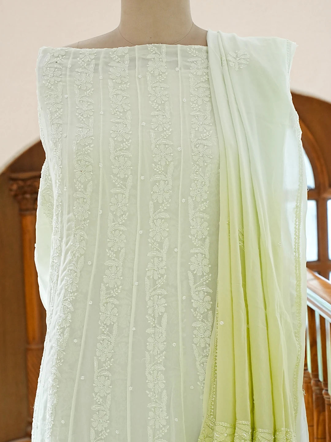Ada Hand Embroidered Ombre Shade Of Green Georgette Lucknowi Chikankari Semi-Stitched Anarkali Kurta Dupatta Set With Pearl Work 01A813845