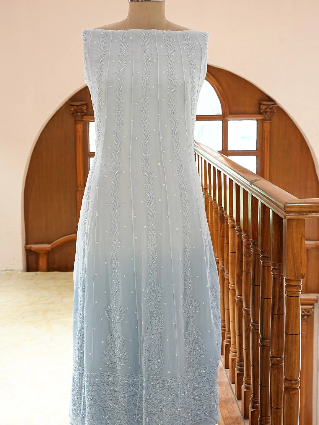 Ada Hand Embroidered Sky Blue Viscose Georgette Lucknowi Chikankari Semi-Stitched Anarkali Kurta Dupatta Set With Pearl Work 01A813847