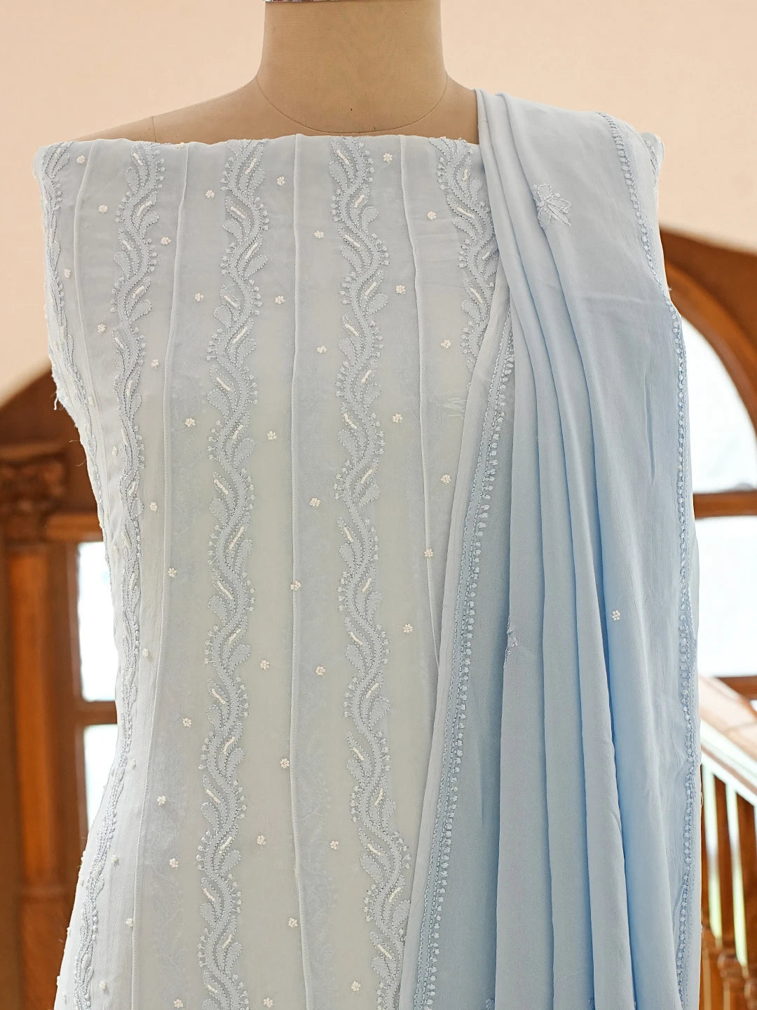 Ada Hand Embroidered Sky Blue Viscose Georgette Lucknowi Chikankari Semi-Stitched Anarkali Kurta Dupatta Set With Pearl Work 01A813847