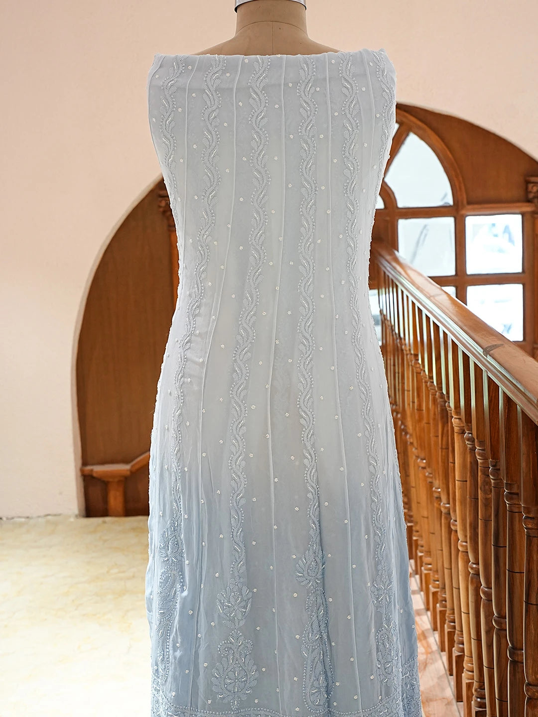 Ada Hand Embroidered Sky Blue Viscose Georgette Lucknowi Chikankari Semi-Stitched Anarkali Kurta Dupatta Set With Pearl Work 01A813847
