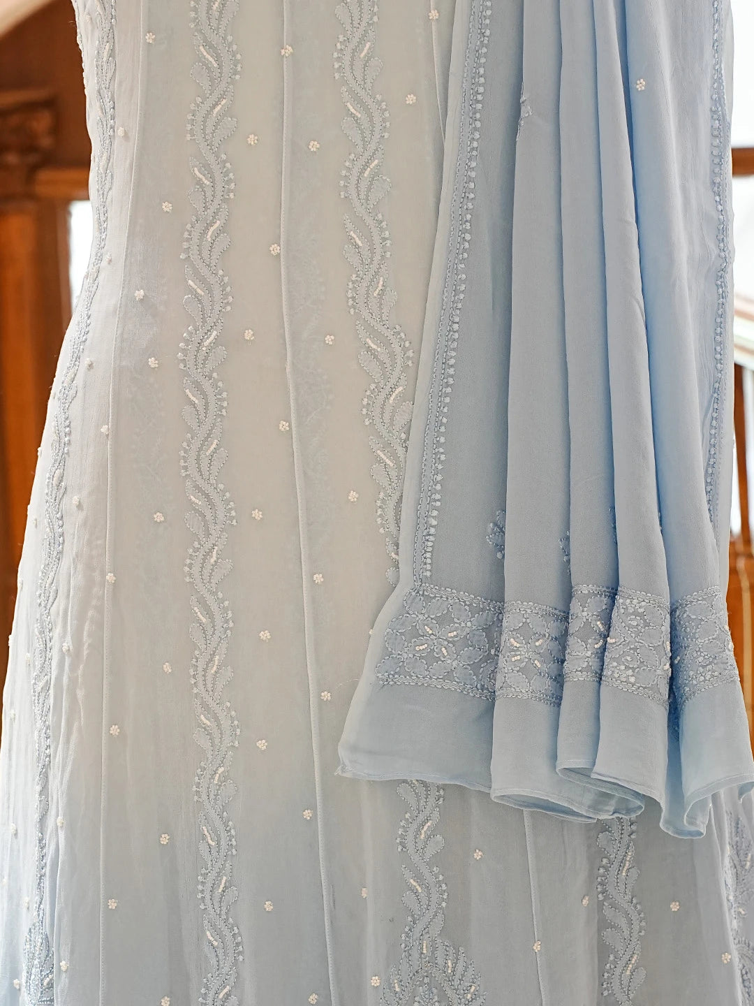 Ada Hand Embroidered Sky Blue Viscose Georgette Lucknowi Chikankari Semi-Stitched Anarkali Kurta Dupatta Set With Pearl Work 01A813847