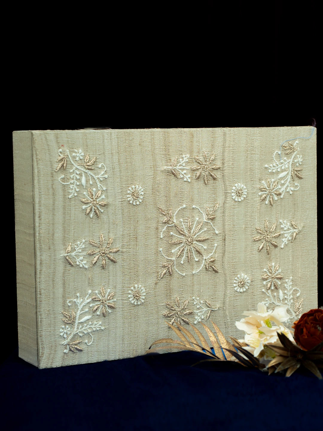 Ada Hand Embroidered Fawn Silk Lucknowi Chikankari Jewellery Box With Zari Taar Work 01A775624