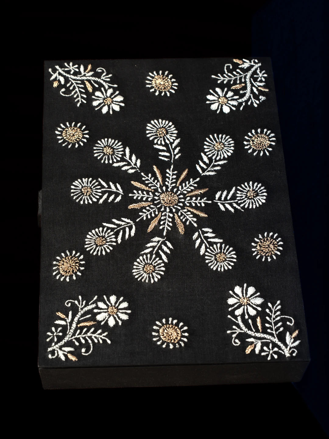 Ada Hand Embroidered Black Silk Lucknowi Chikankari Jewellery Box With Zari Taar Work 01A657145