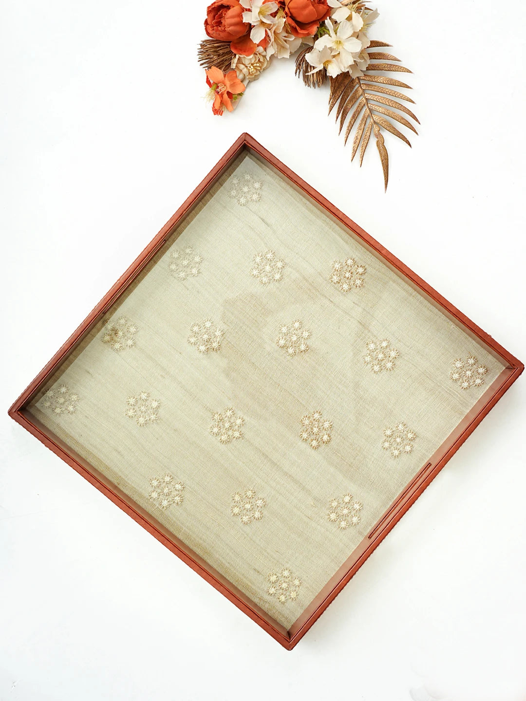 Ada Hand Embroidered Fawn Silk Lucknowi Chikankari Tray With Zari Taar Work 01A746133