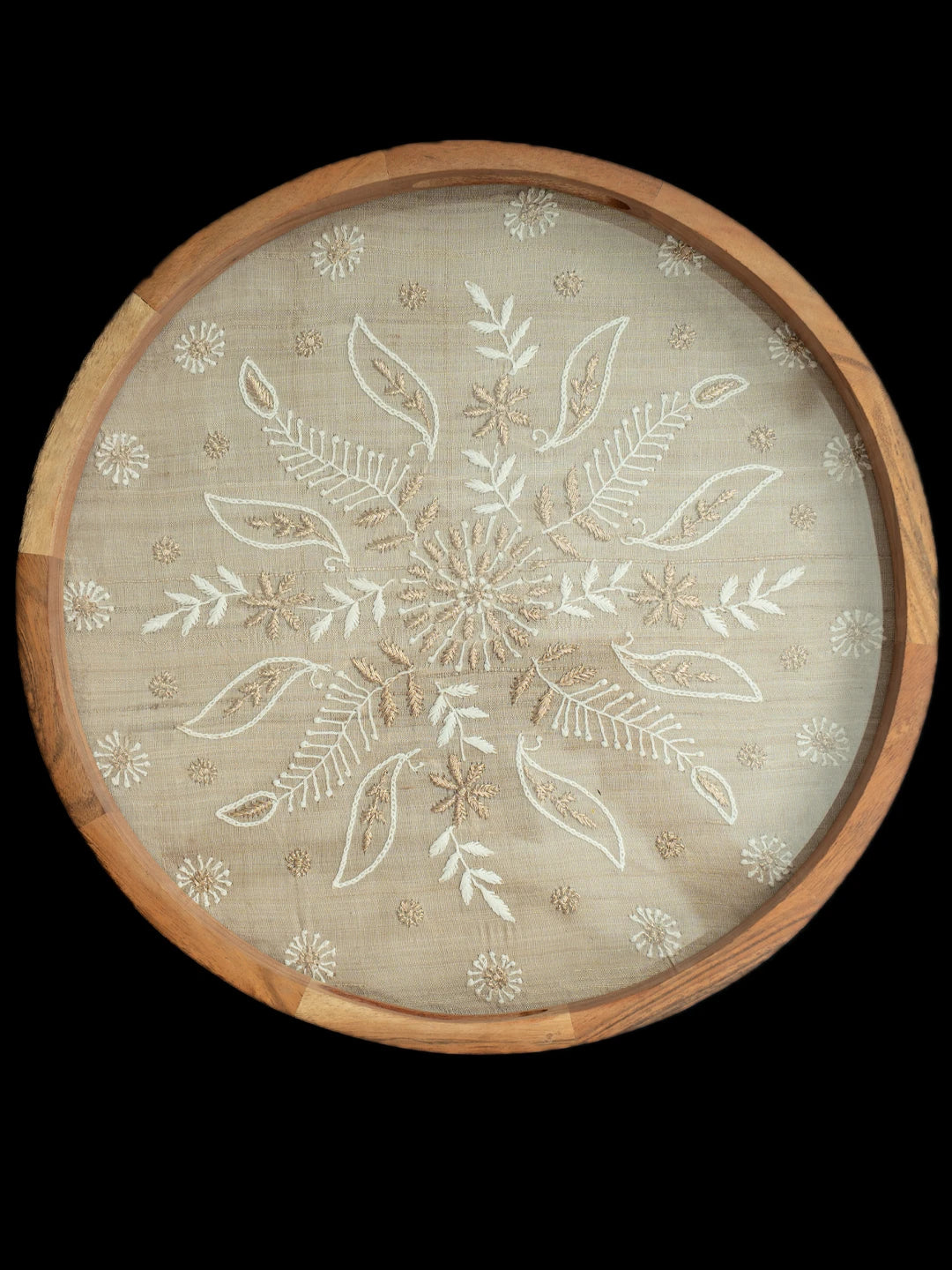 Ada Hand Embroidered Fawn Silk Lucknowi Chikankari Round Tray With Zari Taar Work 01A790214