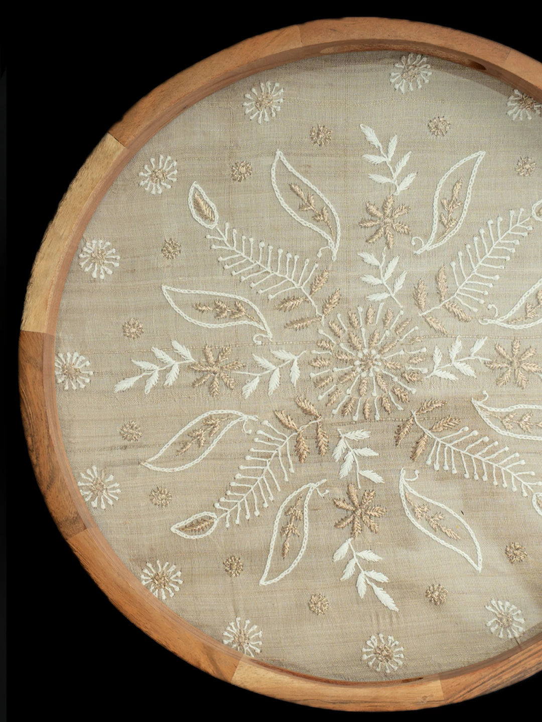 Ada Hand Embroidered Fawn Silk Lucknowi Chikankari Round Tray With Zari Taar Work 01A790214