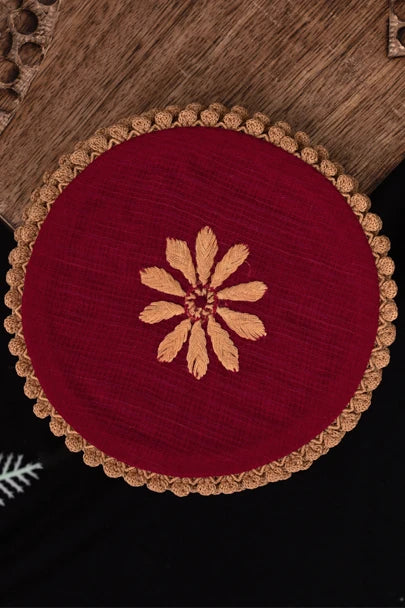 Ada Hand Embroidered Maroon Kota Lucknowi Chikankari Coaster Set 08A503045