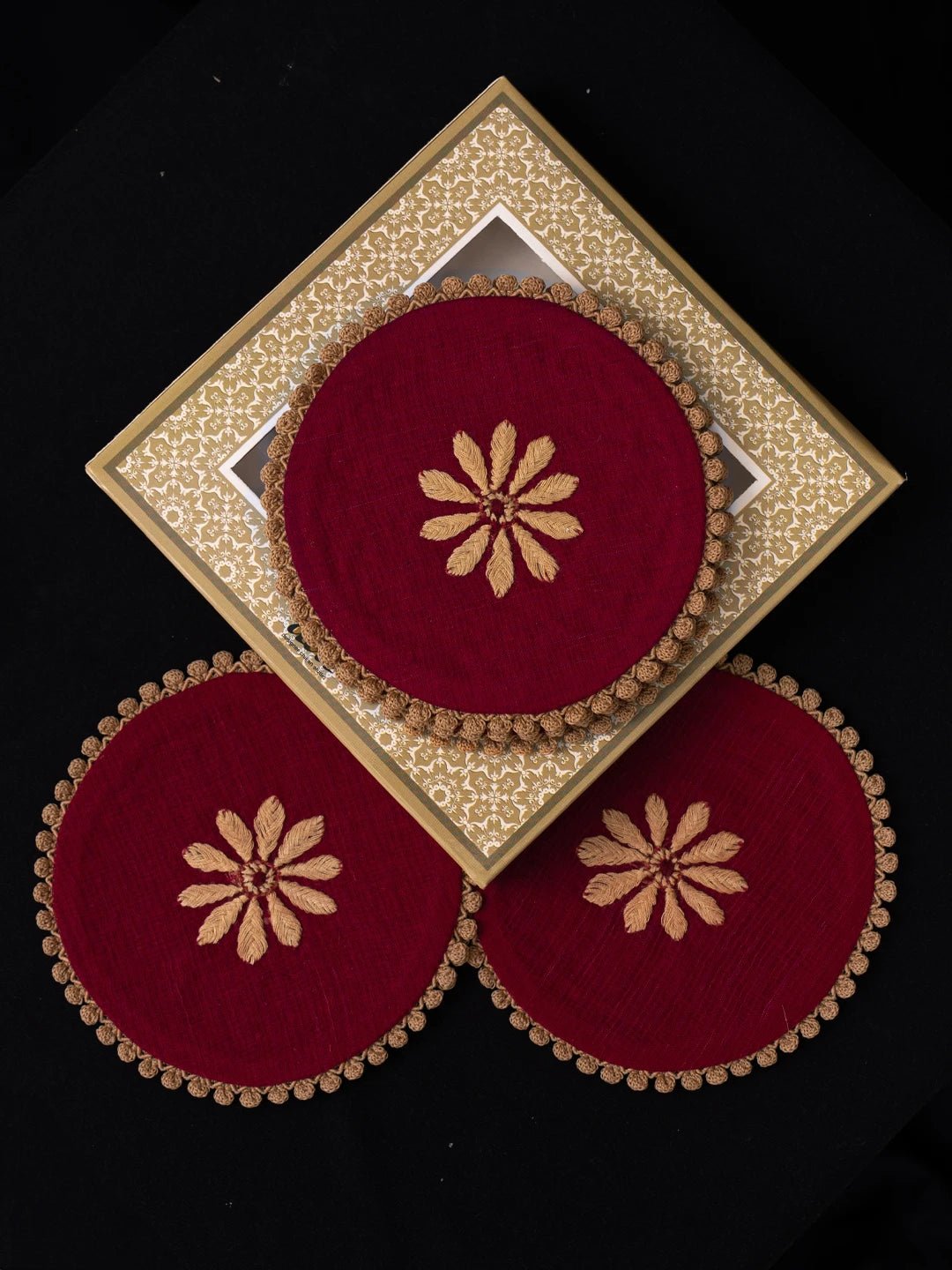 Ada Hand Embroidered Maroon Kota Lucknowi Chikankari Coaster Set 08A503045