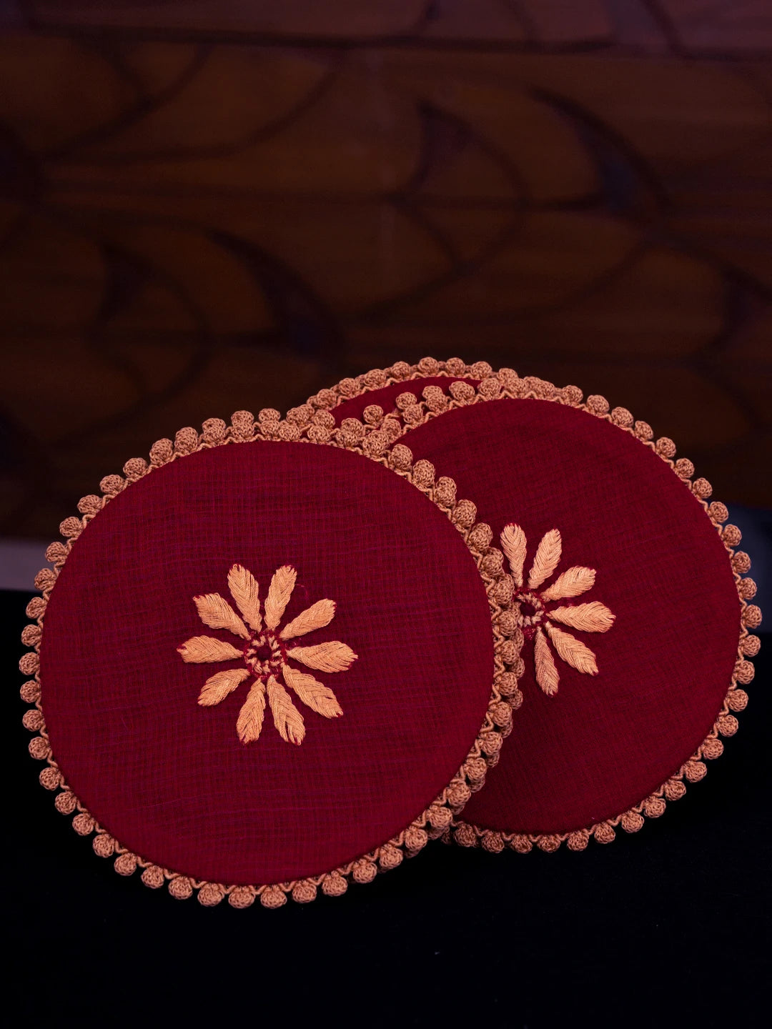 Ada Hand Embroidered Maroon Kota Lucknowi Chikankari Coaster Set 08A503045