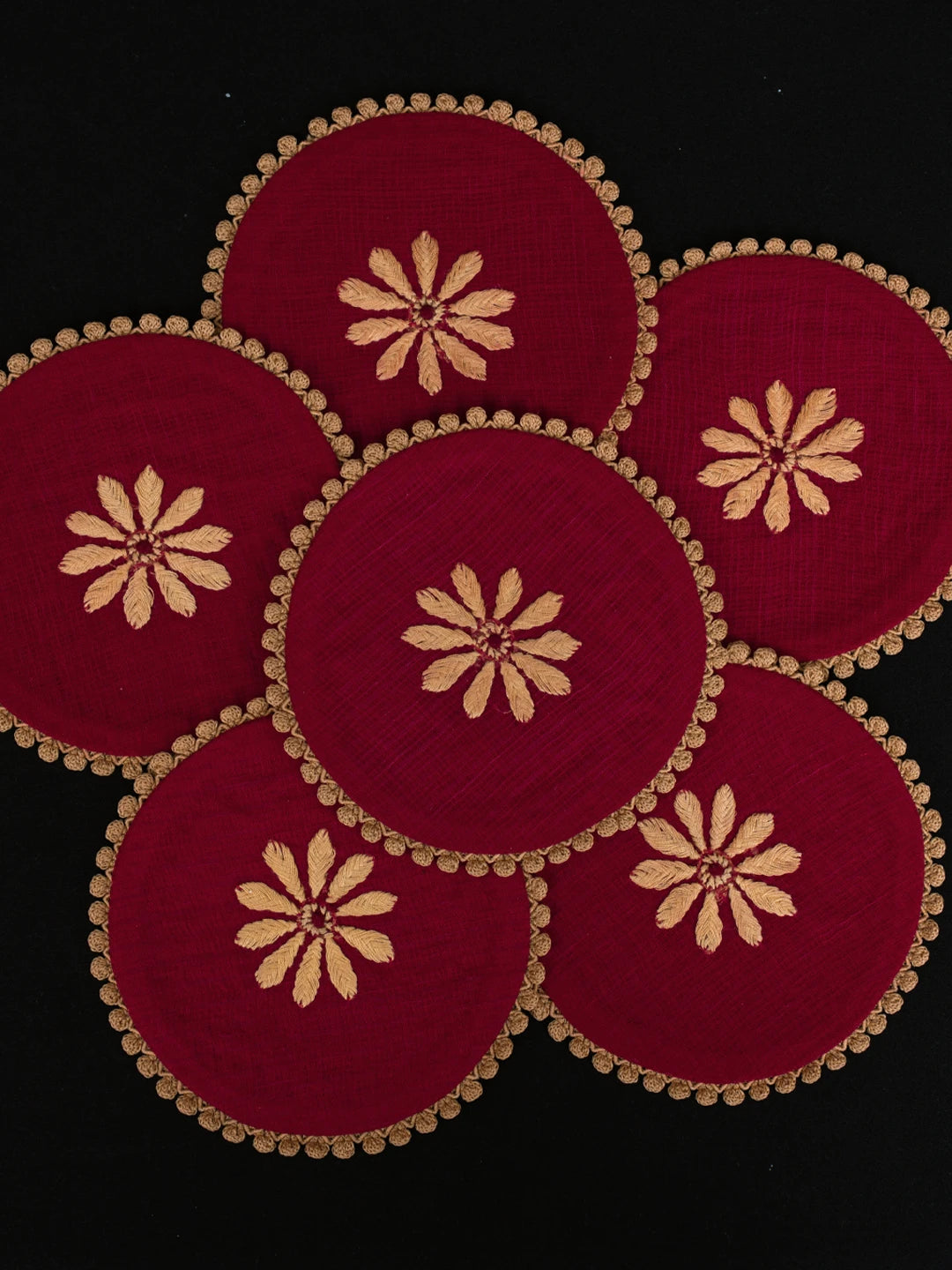 Ada Hand Embroidered Maroon Kota Lucknowi Chikankari Coaster Set 08A503045