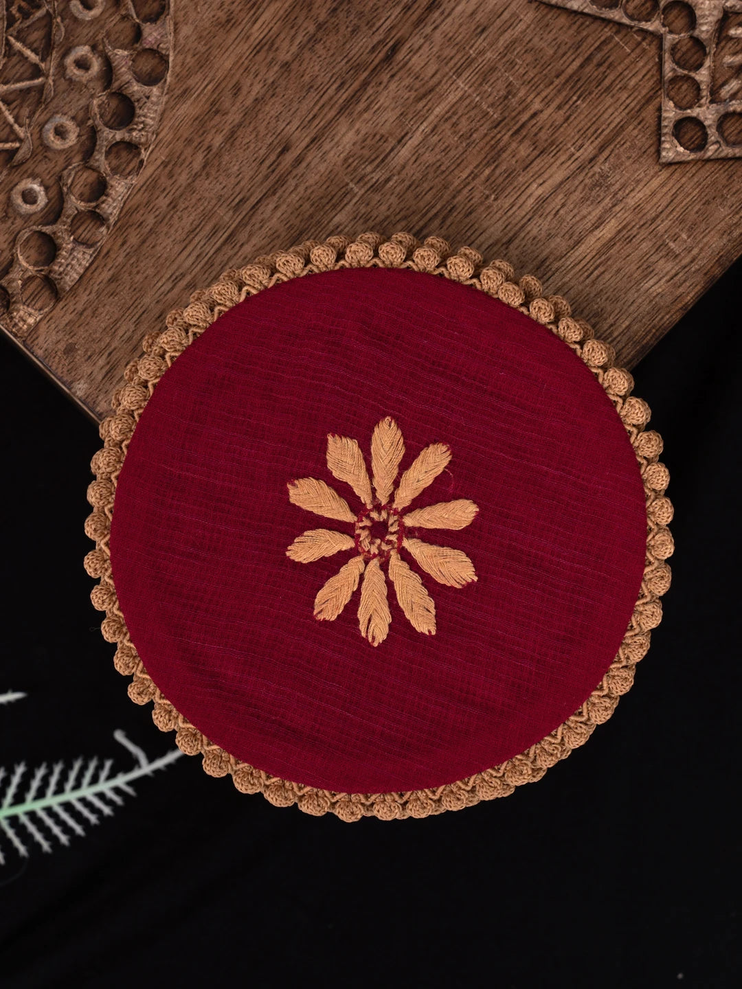 Ada Hand Embroidered Maroon Kota Lucknowi Chikankari Coaster Set 08A503045
