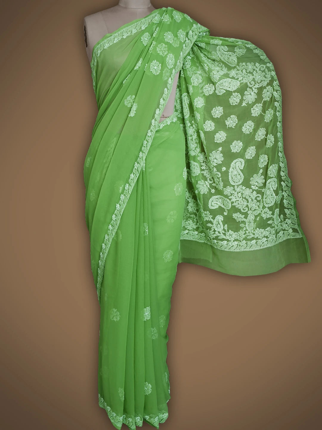 Ada Hand Embroidered Green Georgette Lucknowi Chikankari Saree With Blouse 01A790965