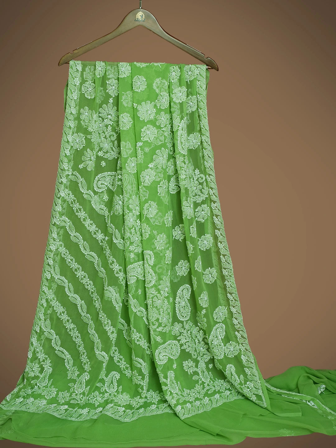 Ada Hand Embroidered Green Georgette Lucknowi Chikankari Saree With Blouse 01A790965