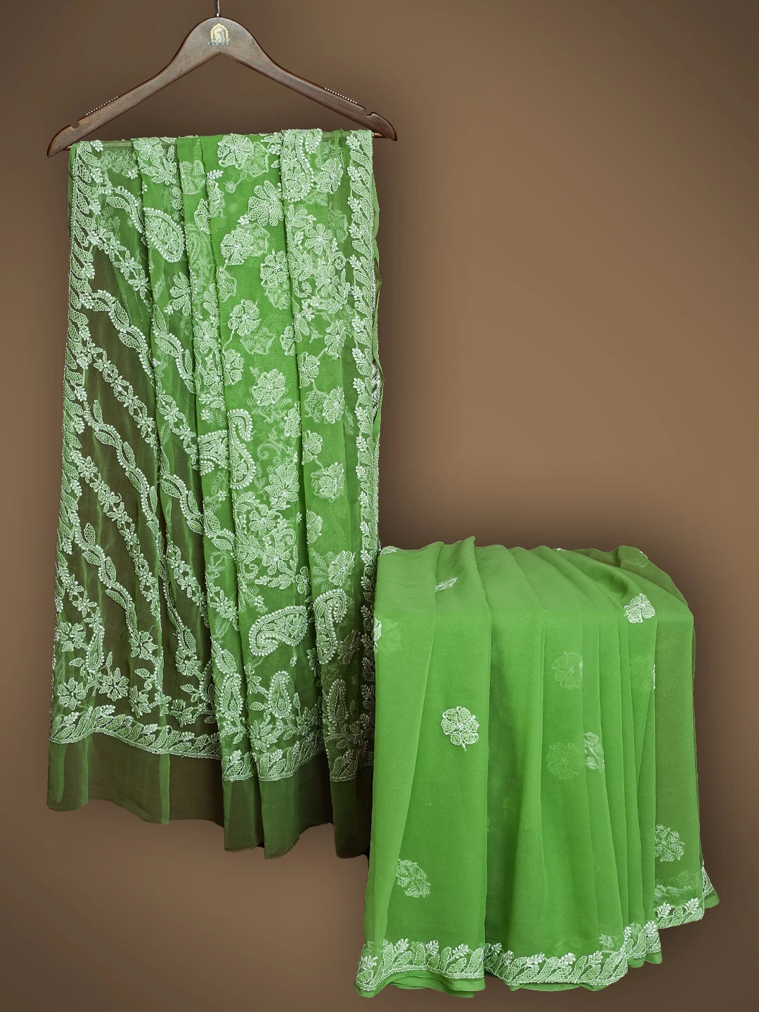 Ada Hand Embroidered Green Georgette Lucknowi Chikankari Saree With Blouse 01A790965