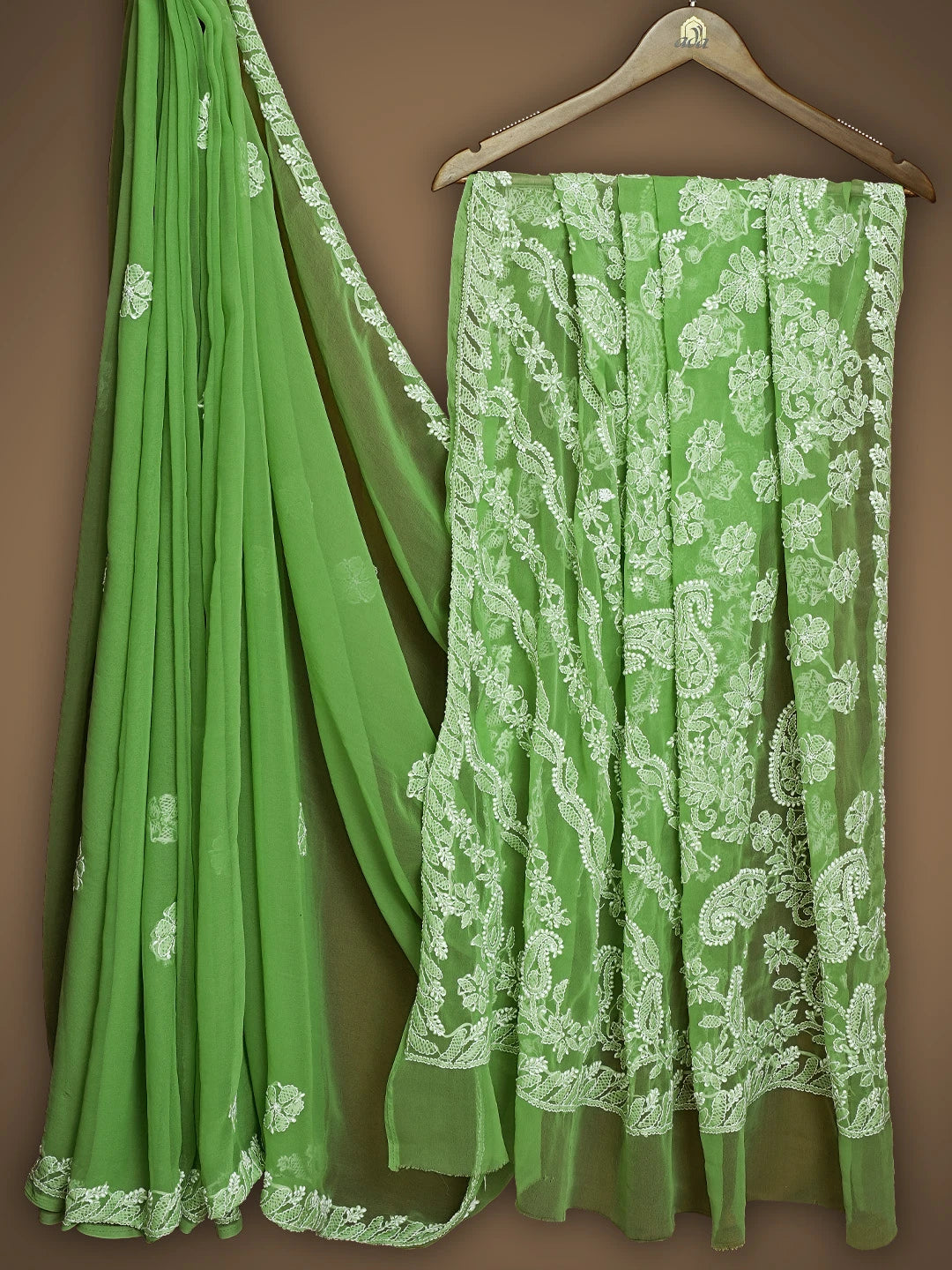 Ada Hand Embroidered Green Georgette Lucknowi Chikankari Saree With Blouse 01A790965