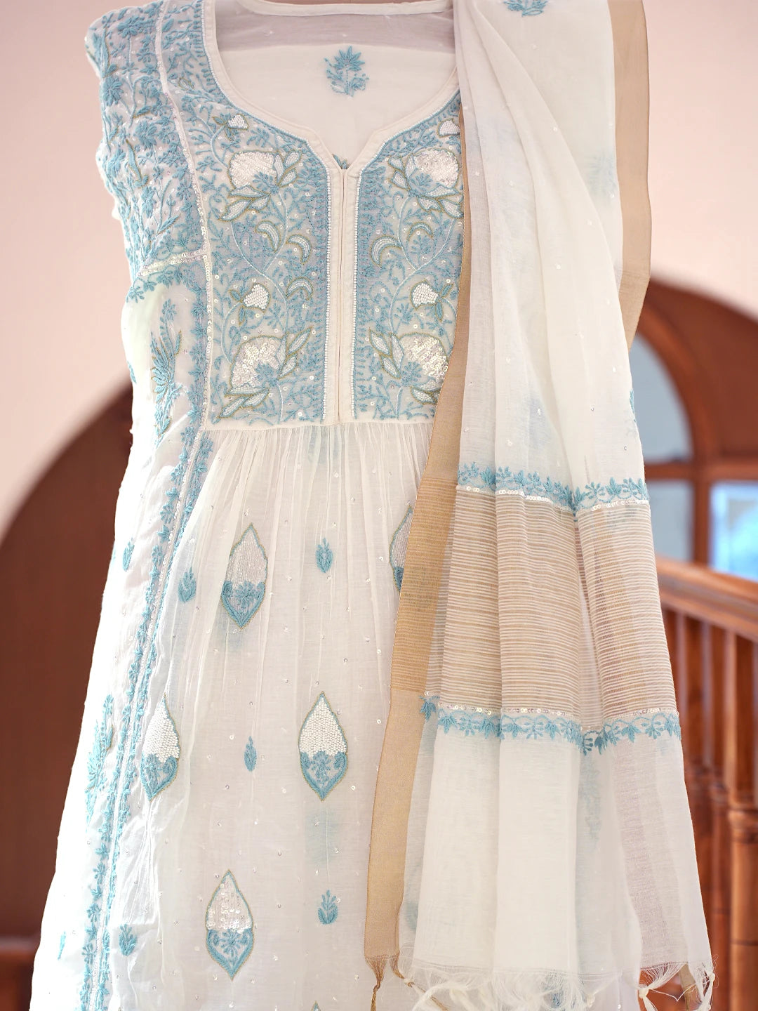 Ada Hand Embroidered White Chanderi Lucknowi Chikankari Semi-Stitched Kurta Dupatta Set With Pearl Work 01A809073