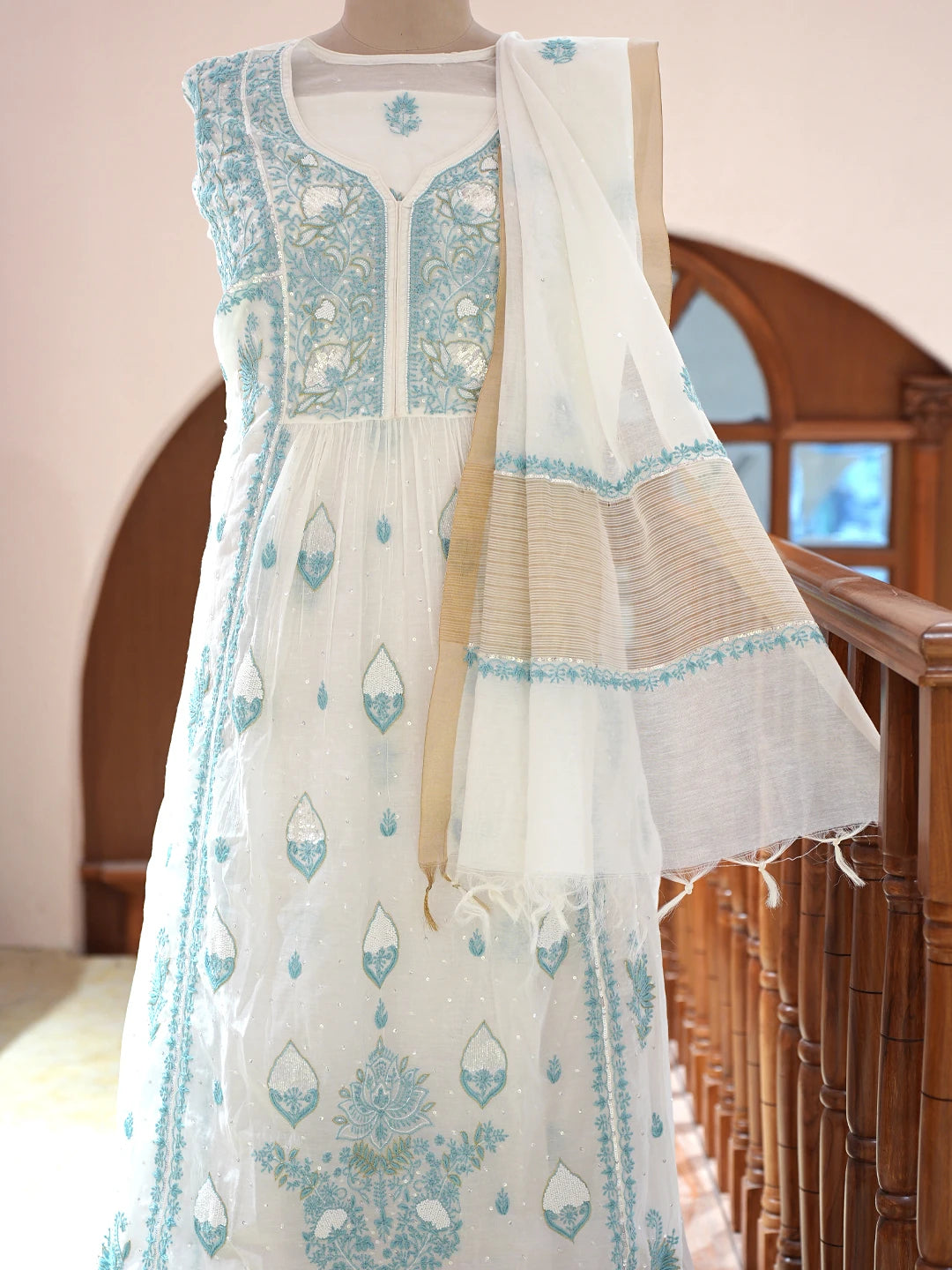 Ada Hand Embroidered White Chanderi Lucknowi Chikankari Semi-Stitched Kurta Dupatta Set With Pearl Work 01A809073