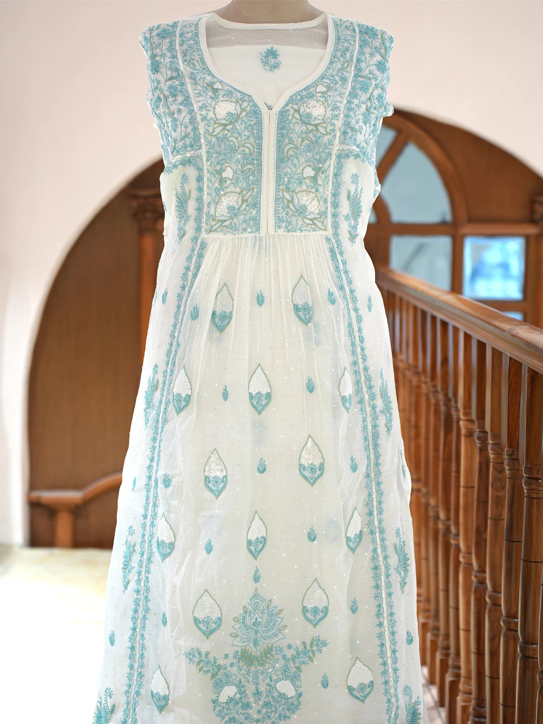 Ada Hand Embroidered White Chanderi Lucknowi Chikankari Semi-Stitched Kurta Dupatta Set With Pearl Work 01A809073
