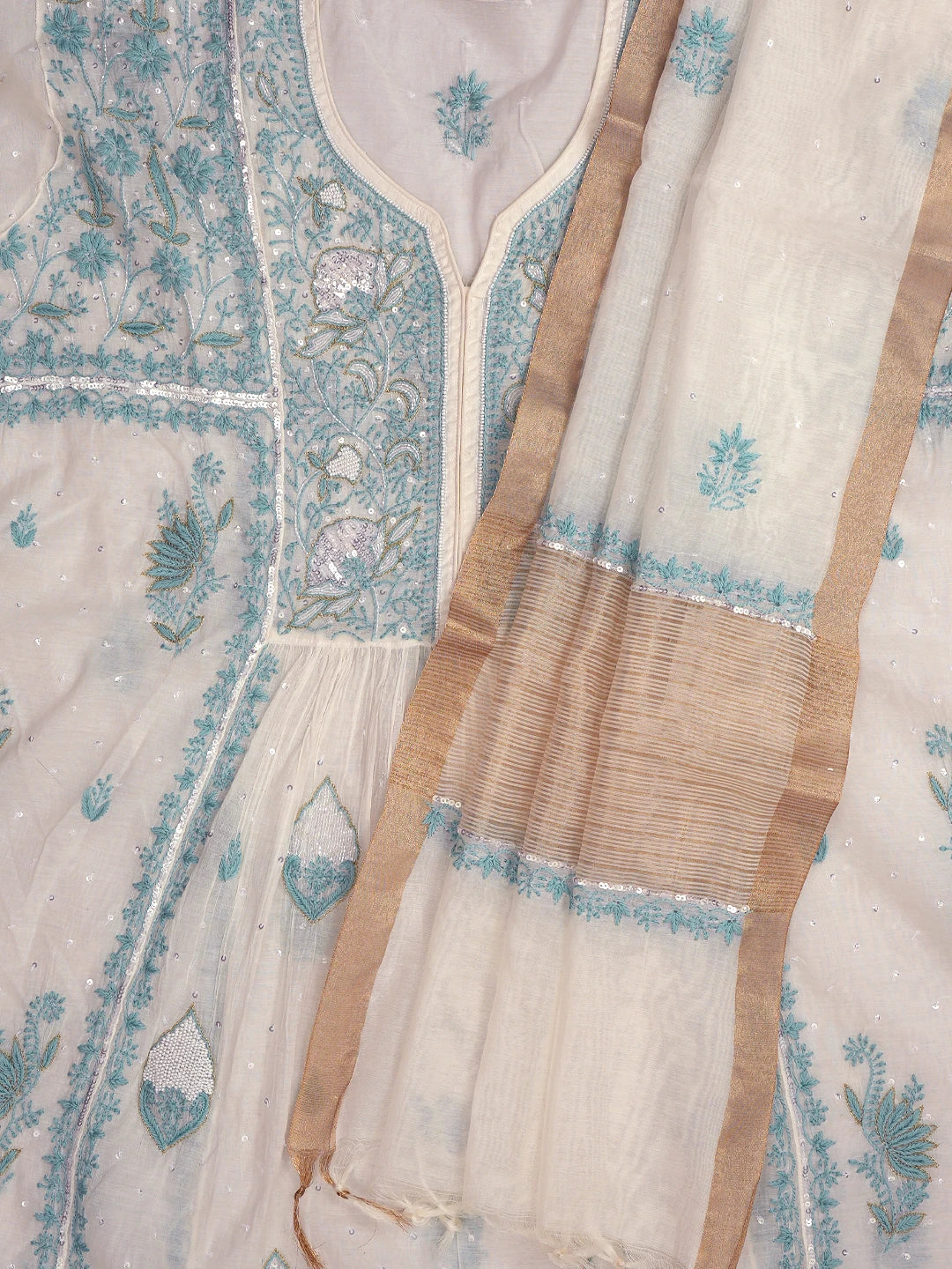 Ada Hand Embroidered White Chanderi Lucknowi Chikankari Semi-Stitched Kurta Dupatta Set With Pearl Work 01A809073