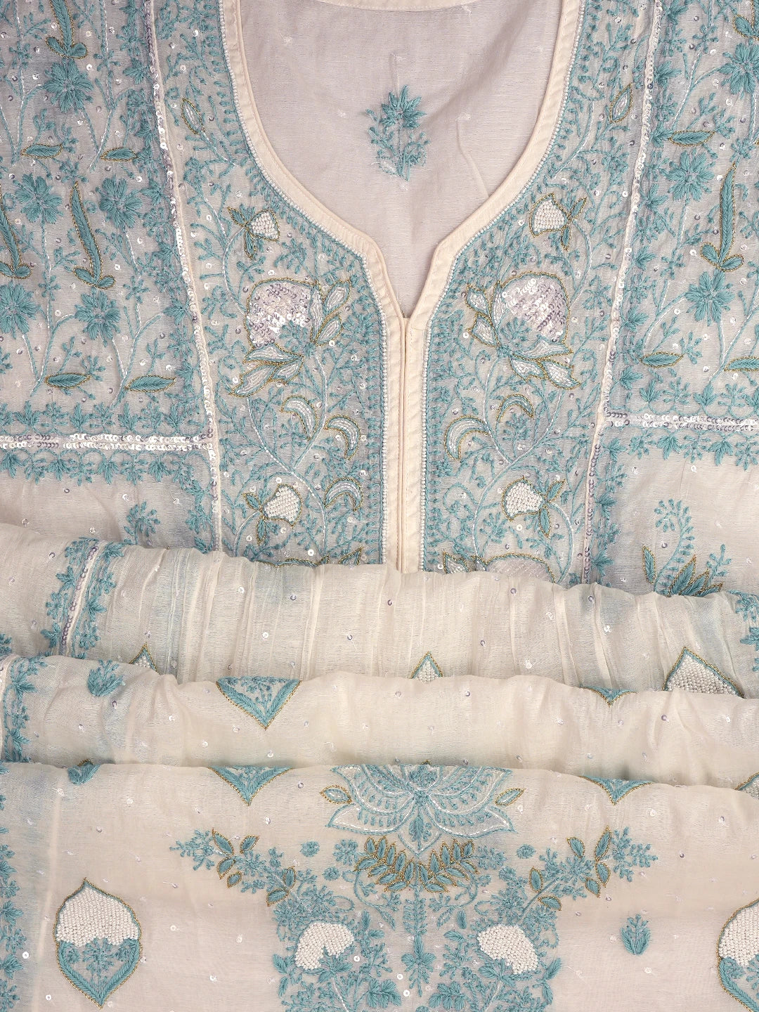 Ada Hand Embroidered White Chanderi Lucknowi Chikankari Semi-Stitched Kurta Dupatta Set With Pearl Work 01A809073