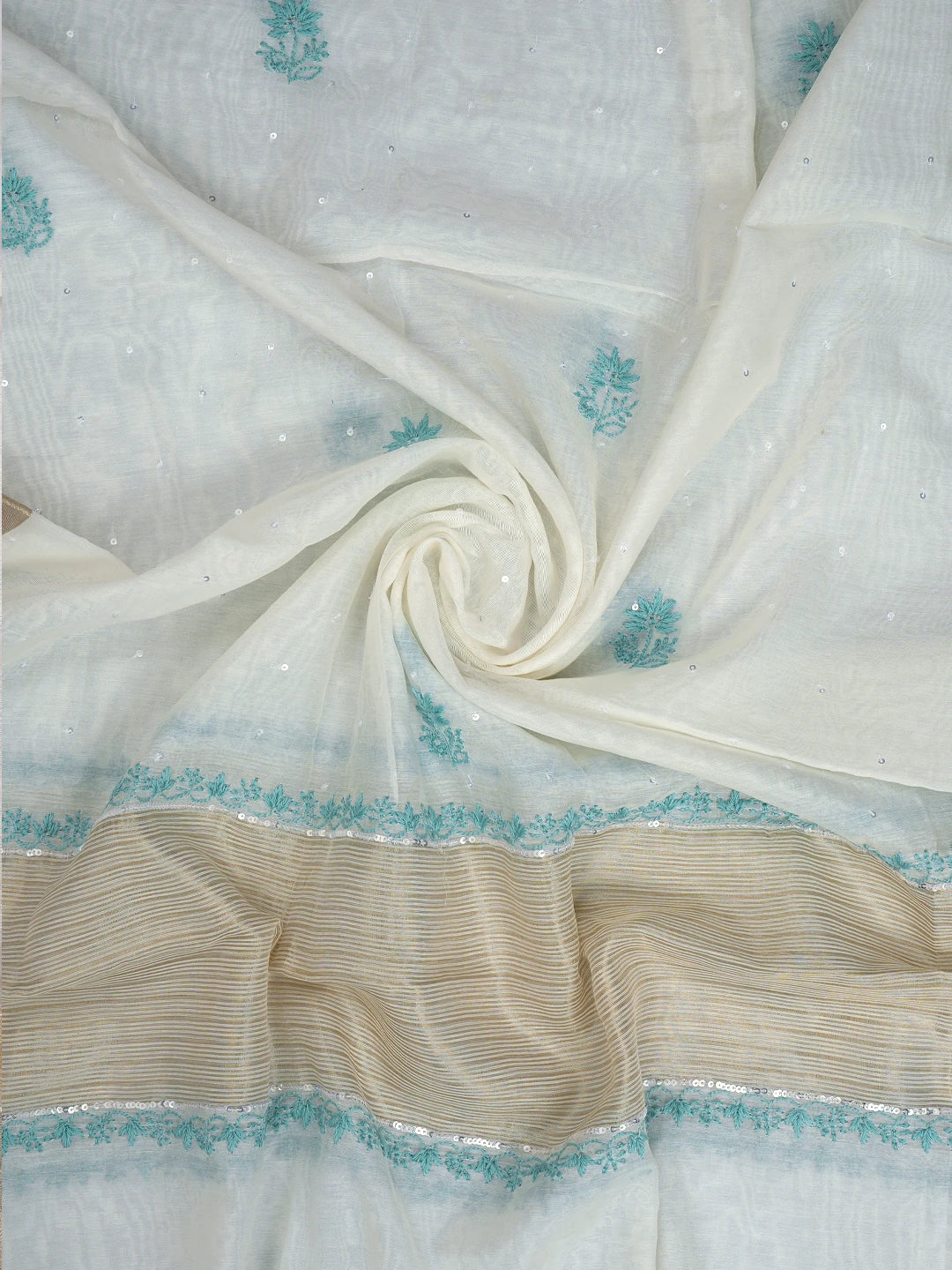 Ada Hand Embroidered White Chanderi Lucknowi Chikankari Semi-Stitched Kurta Dupatta Set With Pearl Work 01A809073