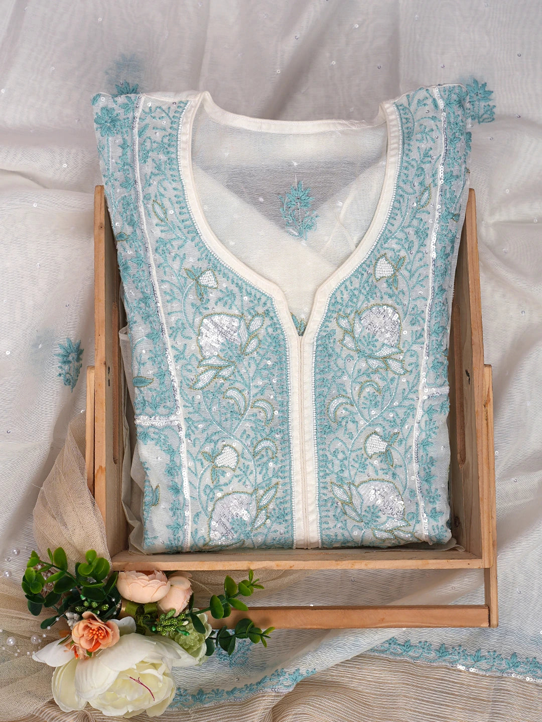 Ada Hand Embroidered White Chanderi Lucknowi Chikankari Semi-Stitched Kurta Dupatta Set With Pearl Work 01A809073