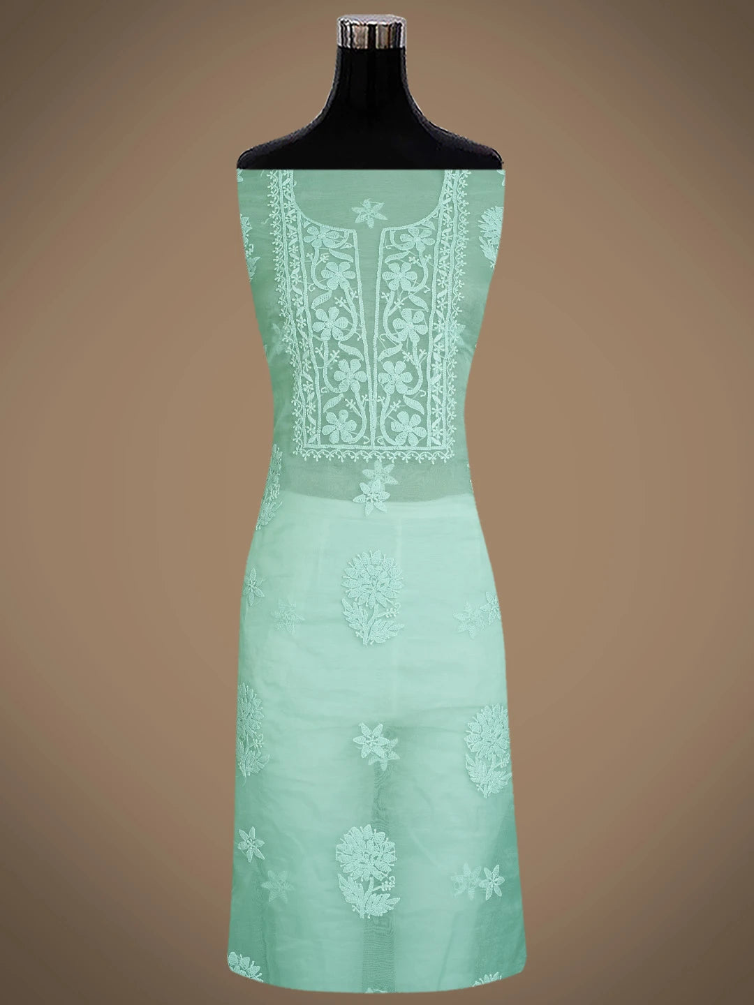 Ada Hand Embroidered Sea Green Organza Lucknowi Chikankari Unstitched Kurta Dupatta Set 01A778458