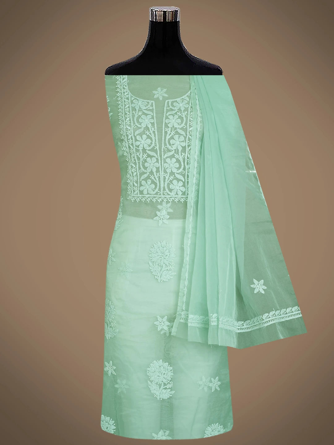 Ada Hand Embroidered Sea Green Organza Lucknowi Chikankari Unstitched Kurta Dupatta Set 01A778458