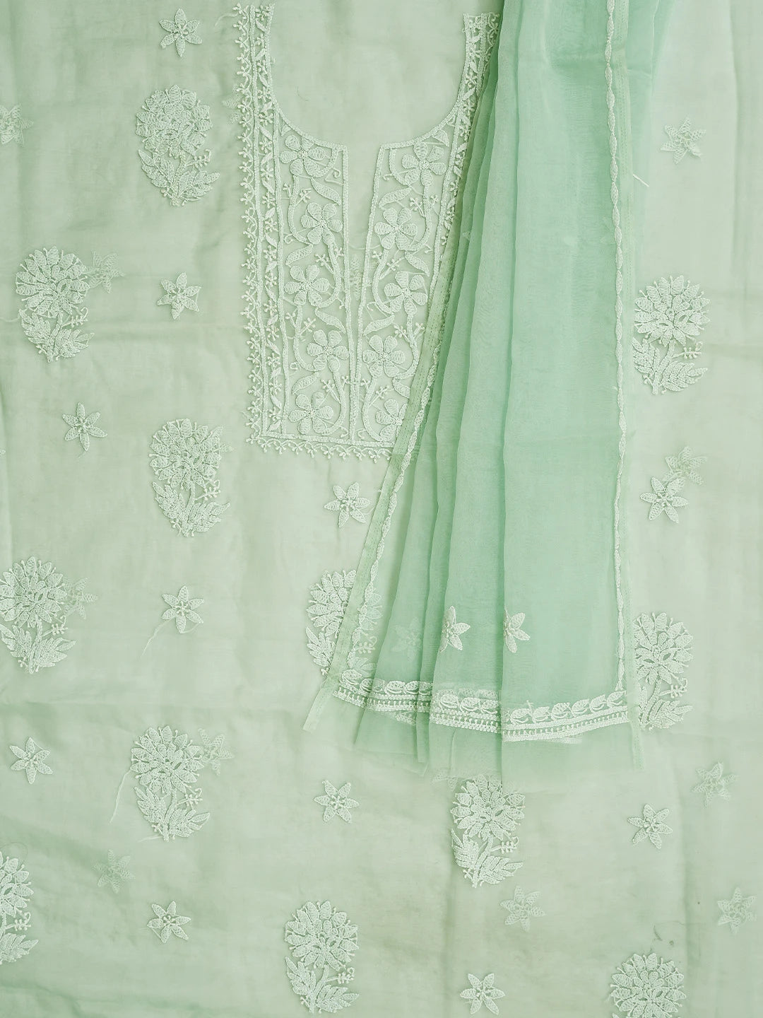 Ada Hand Embroidered Sea Green Organza Lucknowi Chikankari Unstitched Kurta Dupatta Set 01A778458