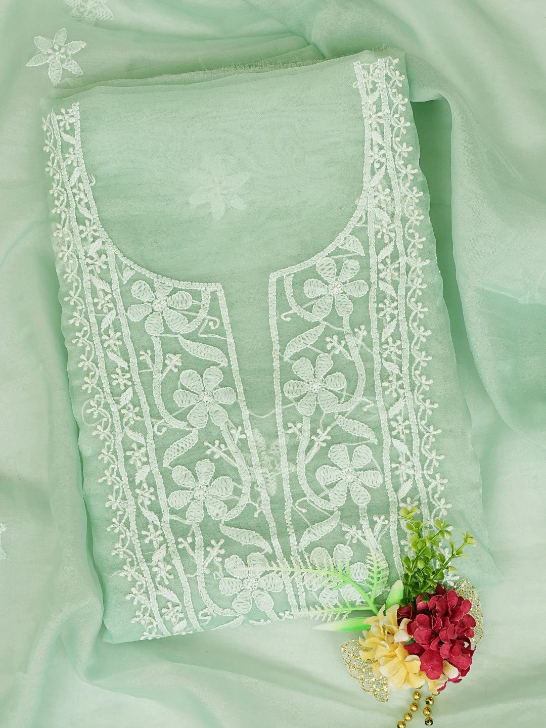Ada Hand Embroidered Sea Green Organza Lucknowi Chikankari Unstitched Kurta Dupatta Set 01A778458