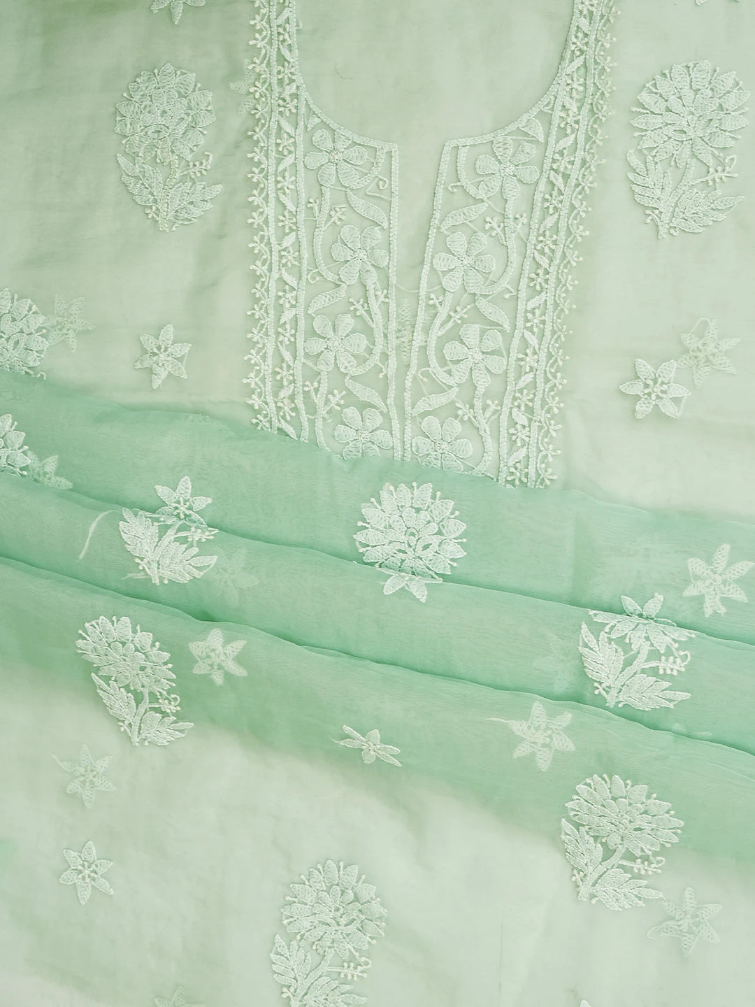 Ada Hand Embroidered Sea Green Organza Lucknowi Chikankari Unstitched Kurta Dupatta Set 01A778458
