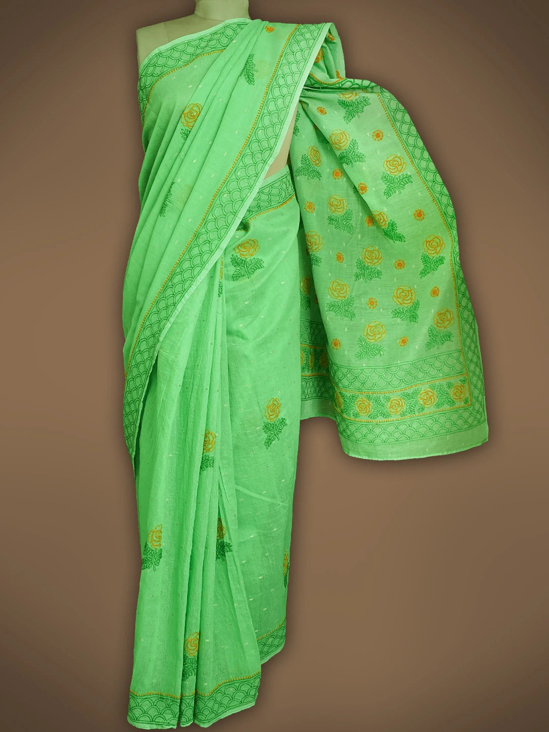 Ada Hand Embroidered Green Chanderi Lucknowi Chikankari Saree With Blouse 01A642649