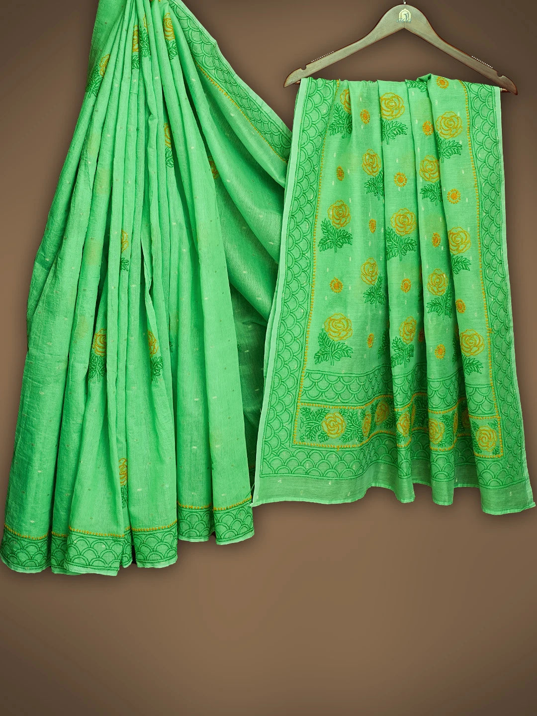Ada Hand Embroidered Green Chanderi Lucknowi Chikankari Saree With Blouse 01A642649